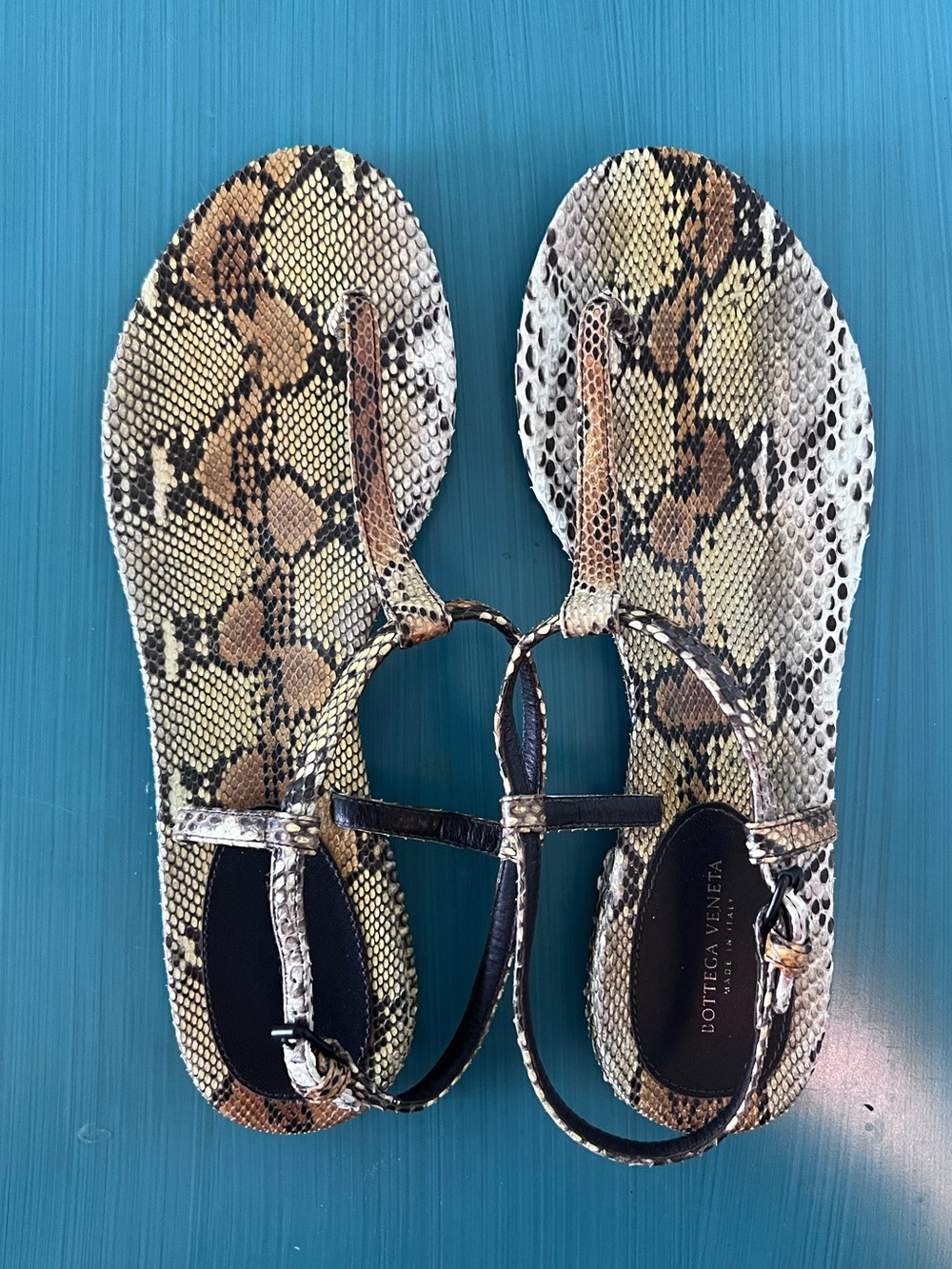 Bottega Veneta Snakeskin-Print T-Strap Sandals